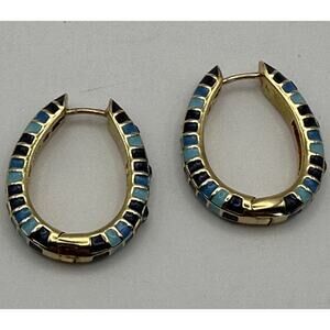 LAUREN G ADAMS Checker Chic Turquoise Blues CZ Hoop Earrings Signed
